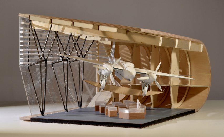 Sectional model showing airplane displayed in interior