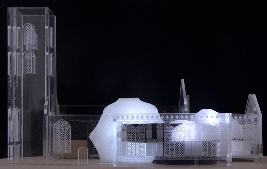 Transparent model of church with glowing structures inside on black background