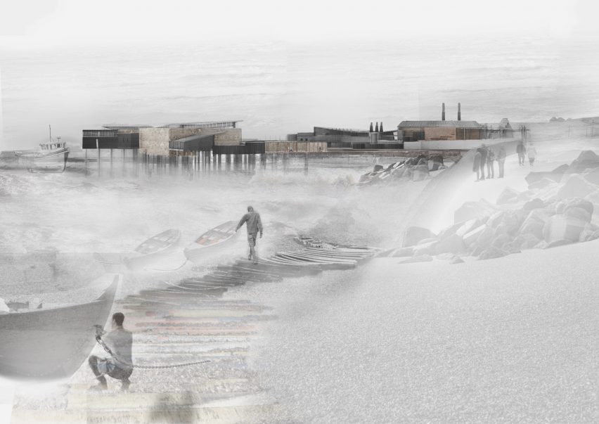 Visualisation showing seaside environment with boats and building on stilts in background
