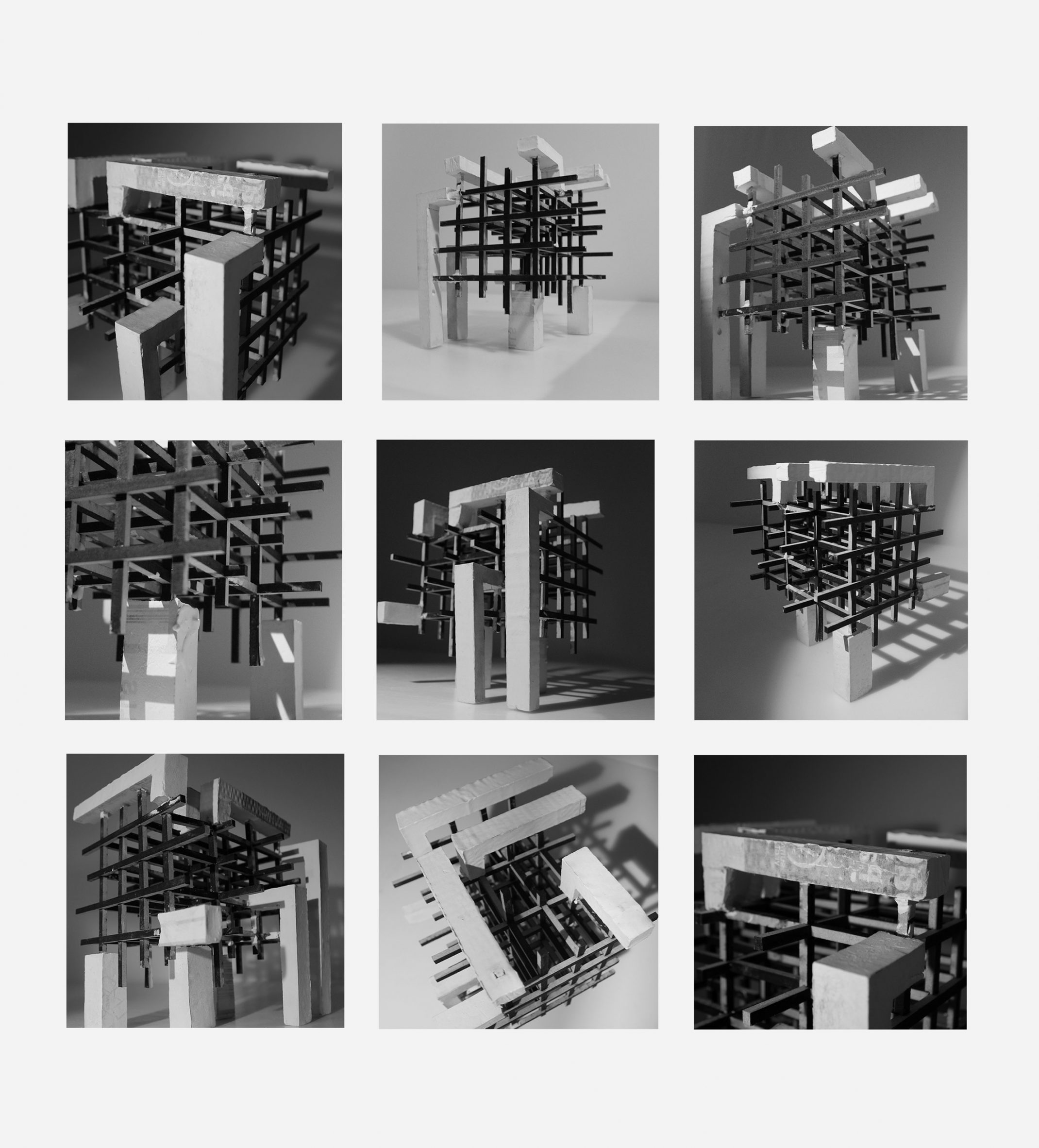 Nine black and white square images of model with grid-like structure