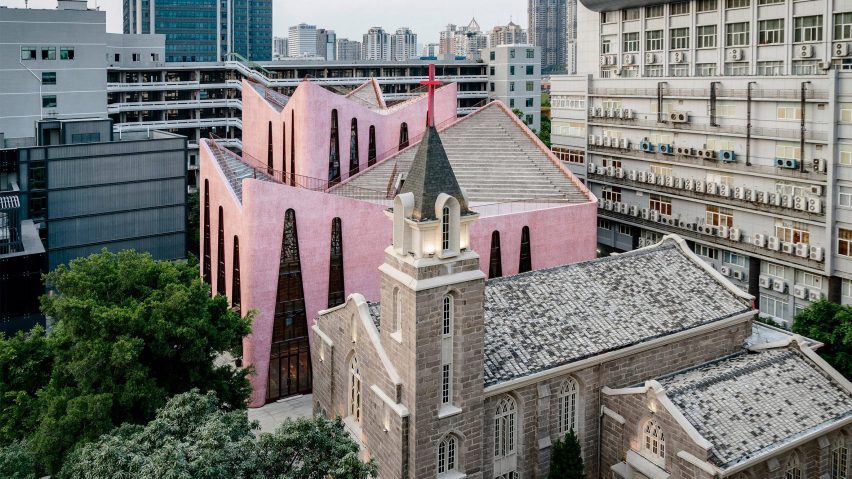 Pink building called Huaxiang Church hall, China, by Inuce