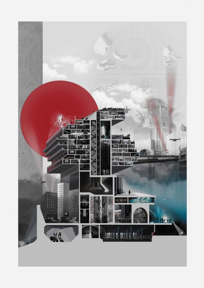 Collage of a residential building set in the dystopian future