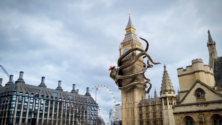 AR Royal College of Art course project of a gold octopus on Big Ben
