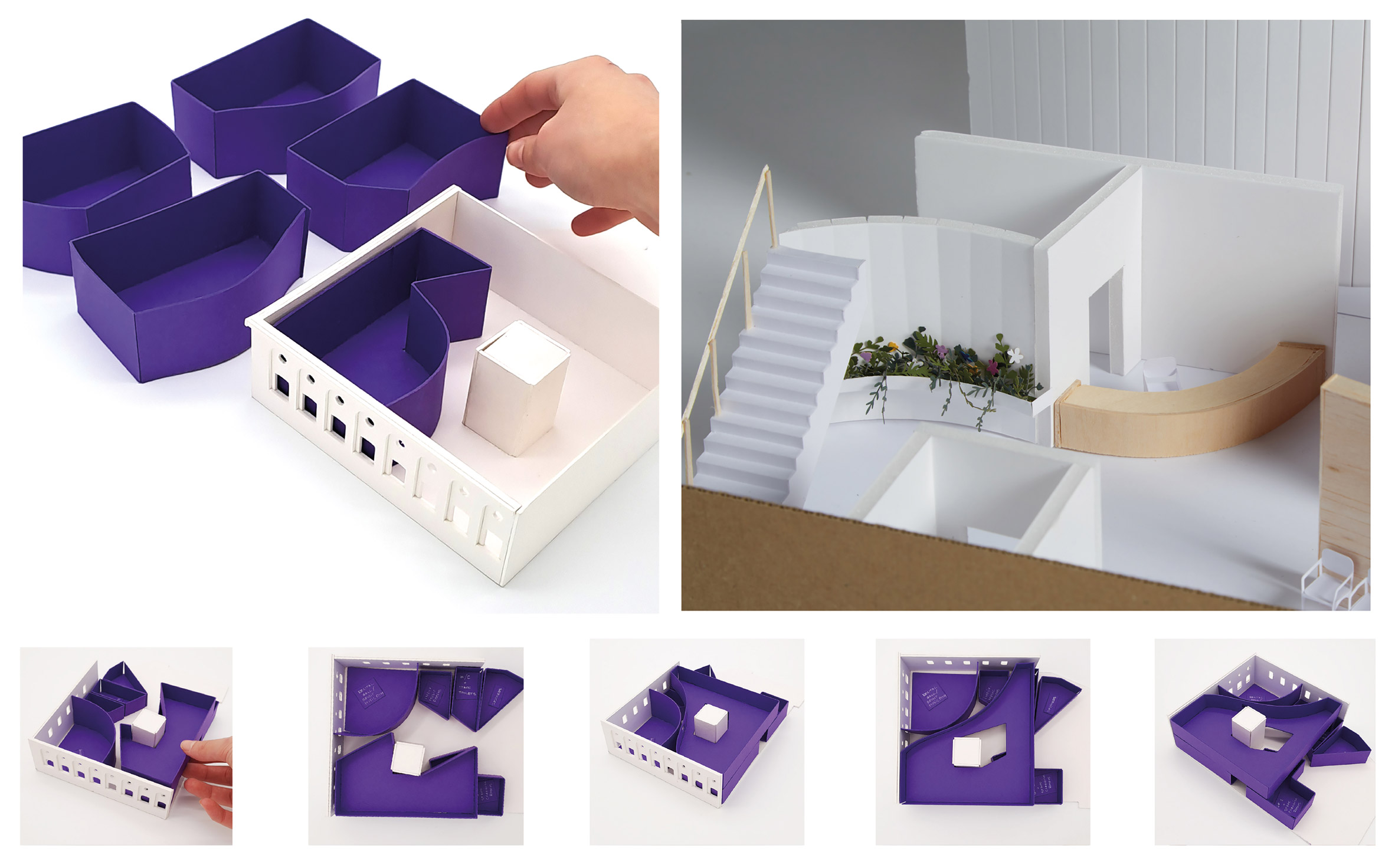 White and purple architectural models of a therapy and rehabilitation centre