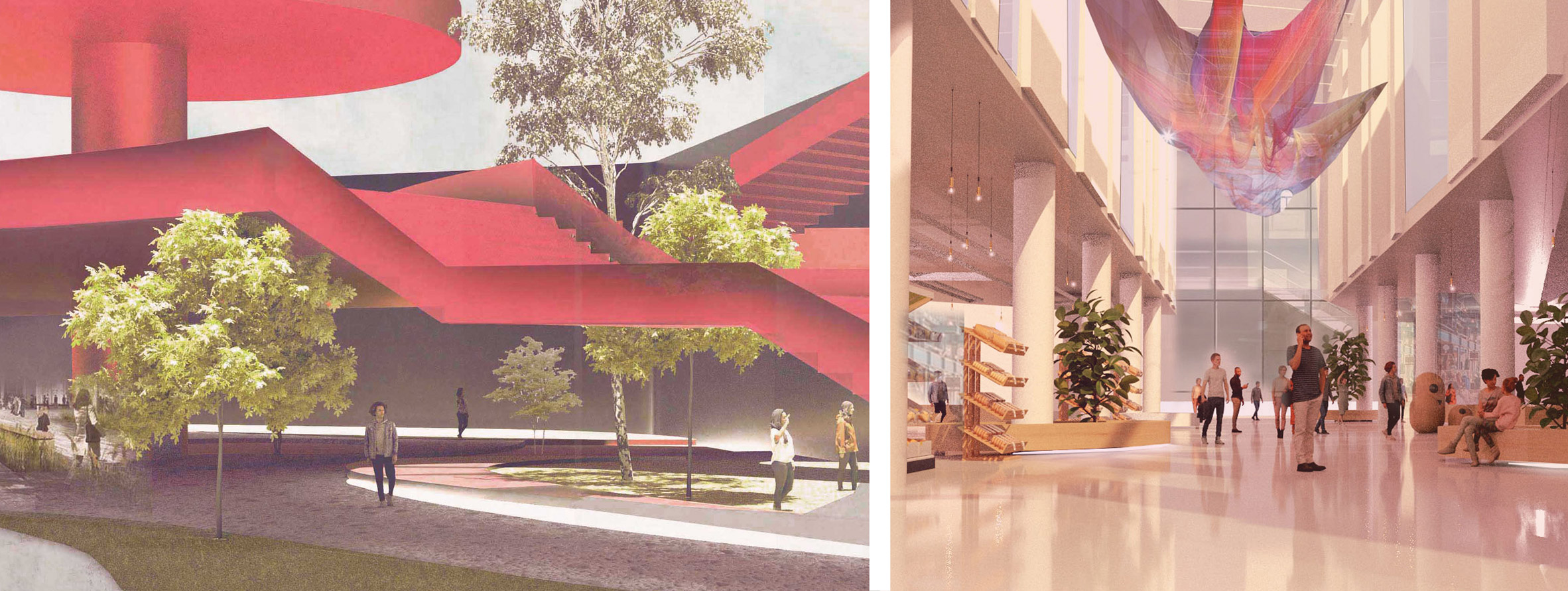 Perspective visualisations of interior and exterior of a town centre enhancement project.