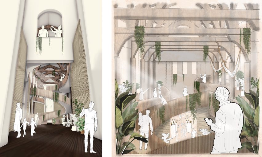 Two perspective visualisations of renovated St Mary's church, England, interior