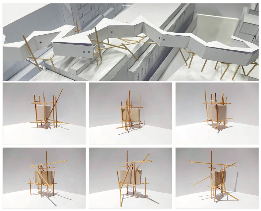 Architectural models of an urban rooftop made with card, timber and plaster.