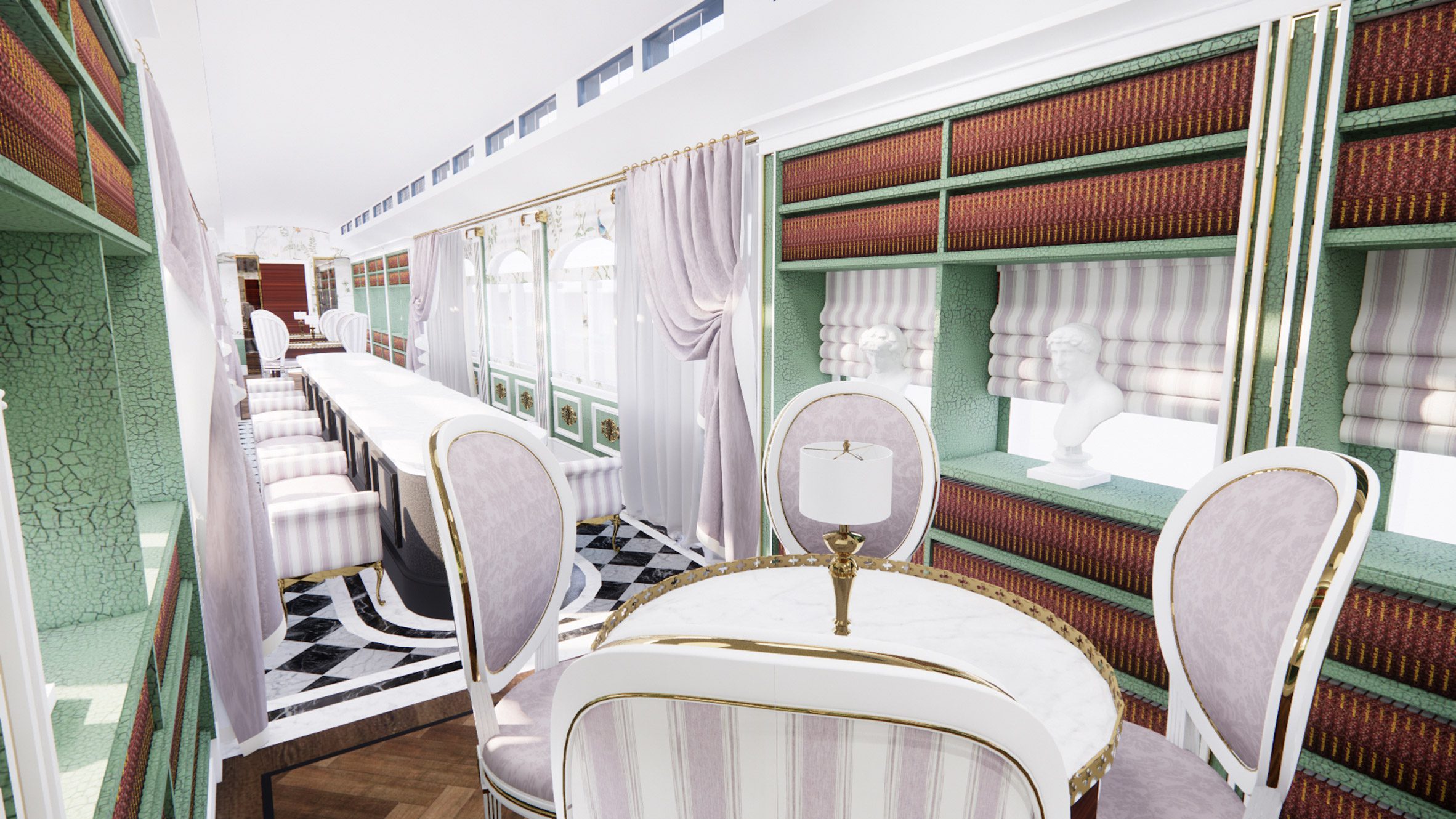 Rendering showing interior of opulent train carraige