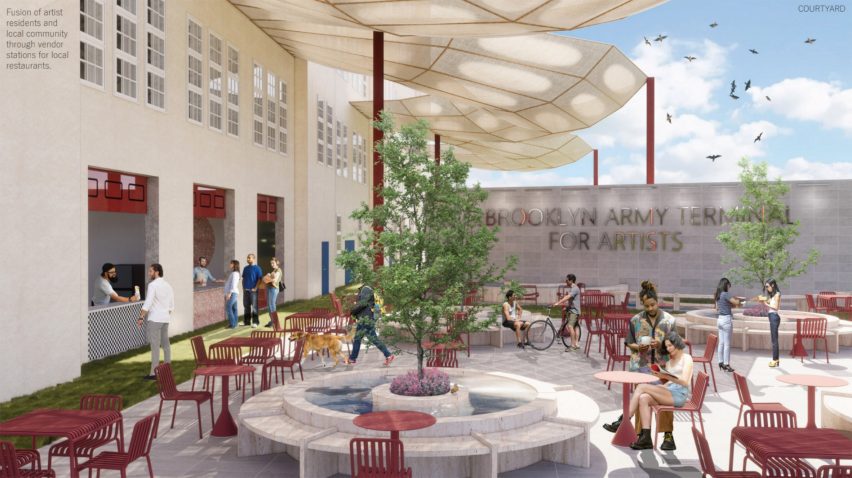 Rendering showing mixed-use site with artists in courtyard