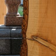 Close-up shot of contrast between rough bark and smooth wood Studio Bark installation