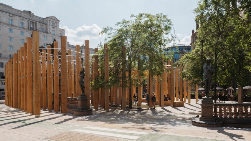 Seven-metre-tall timber fins in Leeds City Square