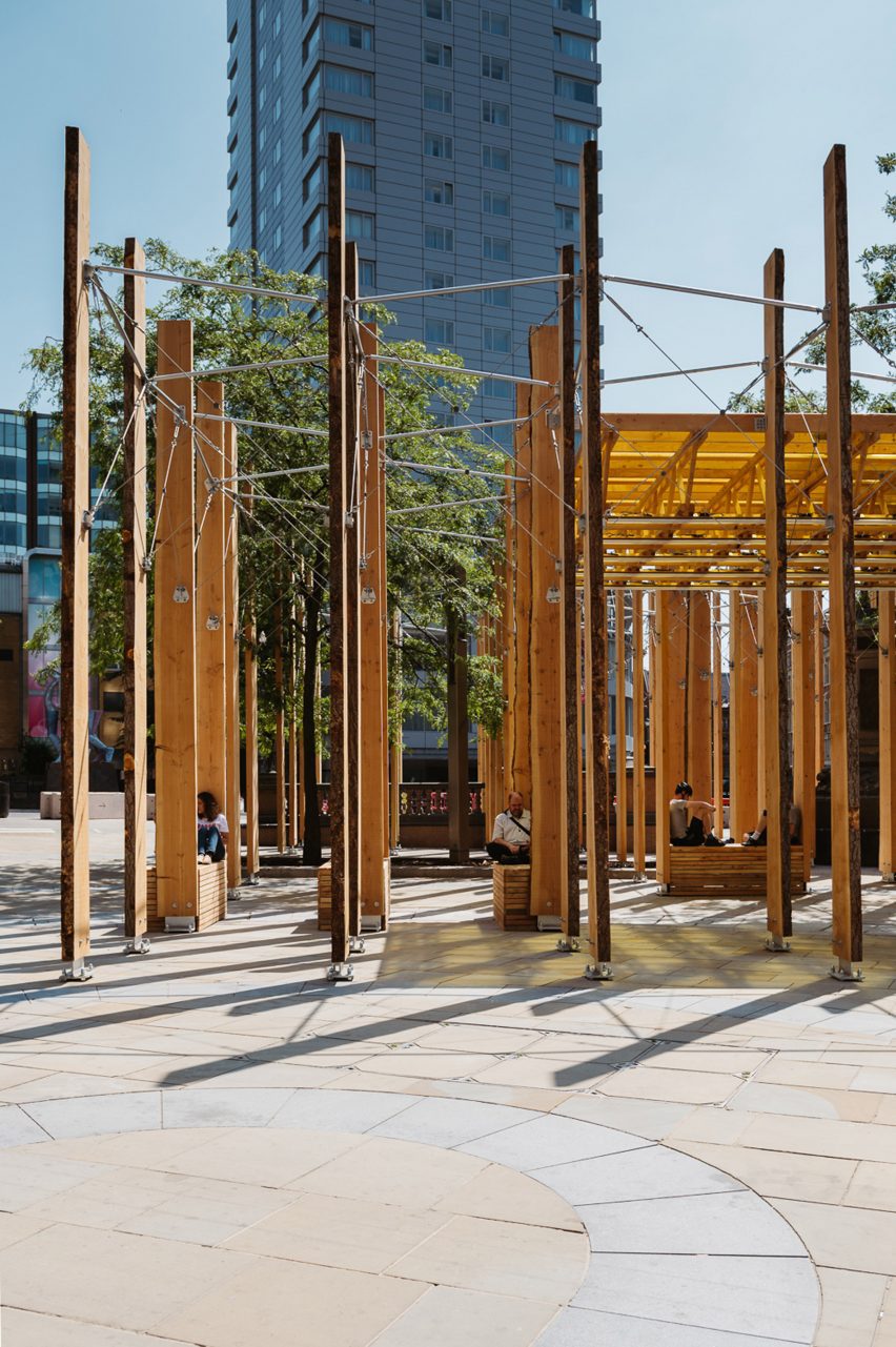 Steel rods connecting timber in Making A Stand installation