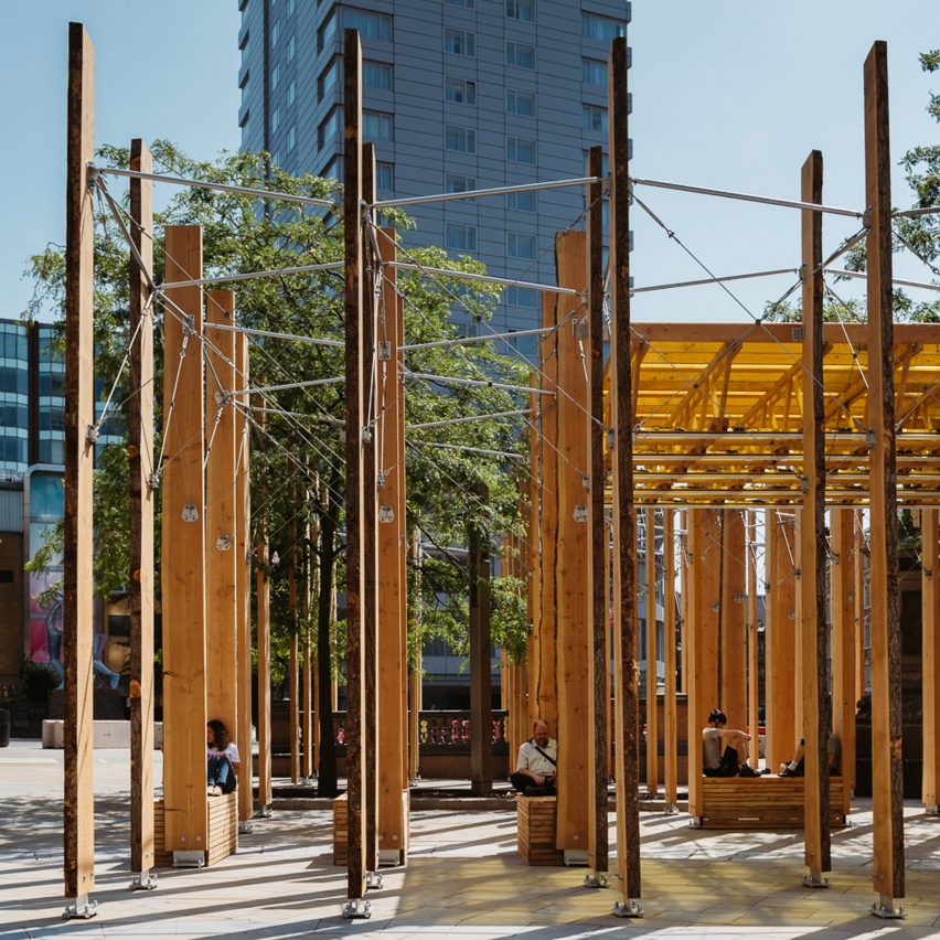 Studio Bark wooden installation with steel rods