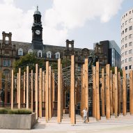 Wide shot of 127 timber fins standing in Leeds for temporary installation