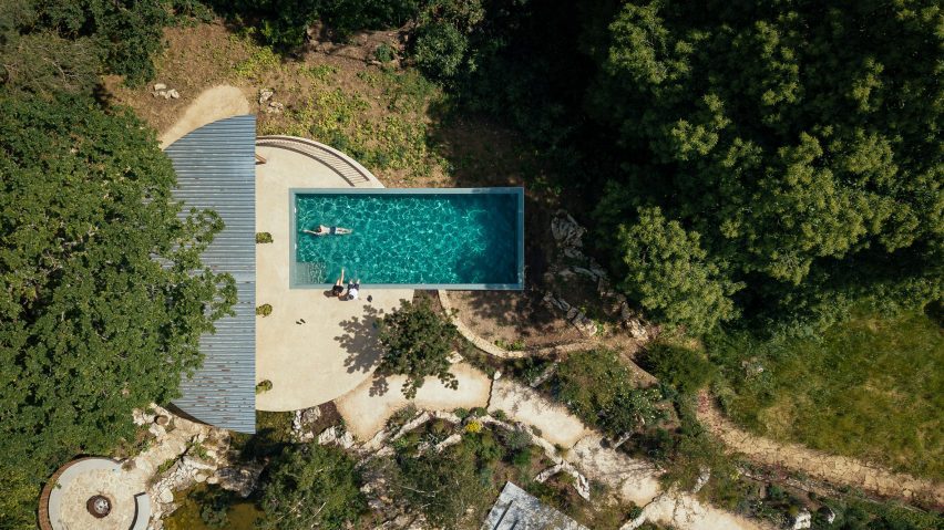 Aerial view of Surrey pool house by Surman Weston