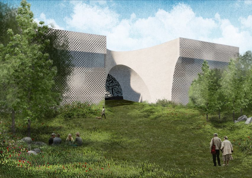 Visualisation of the exterior of a multi-use building that celebrates the Arab culture surrounded by greenery.