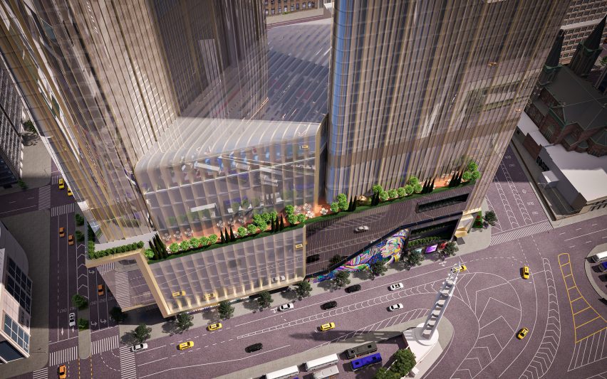 A rendering of a casino and residential tower