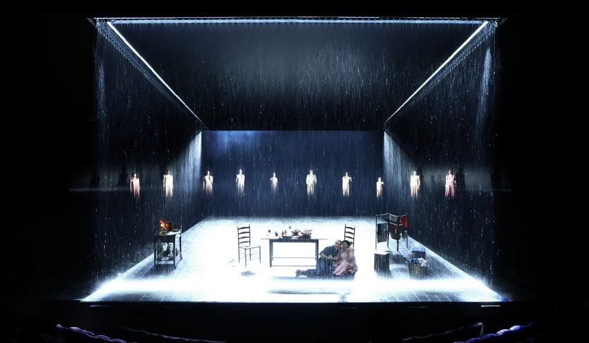 Rain installation that forms the set for The Crucible
