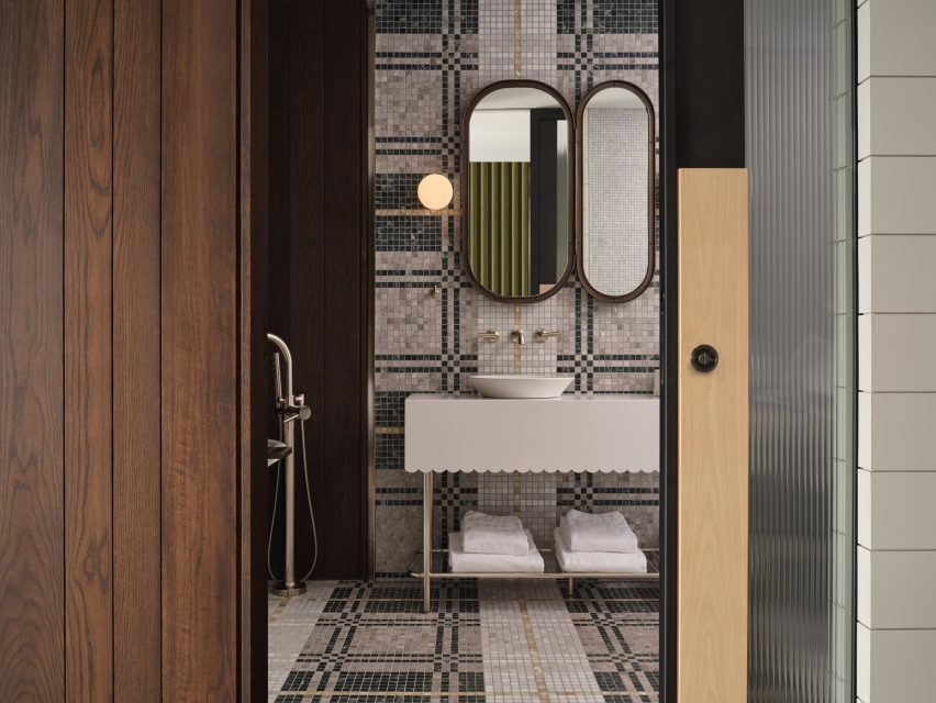 Bathroom with checkered mosaic tiles