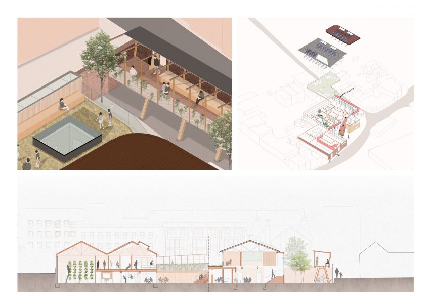 Three architectural drawings of a multi-use retrofitted buildings