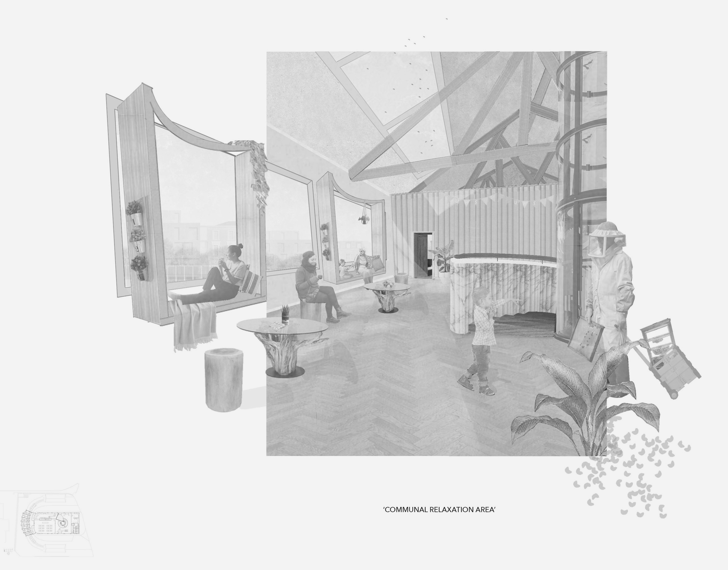 Perspective collage of a communal relaxation area in a culinary facility.