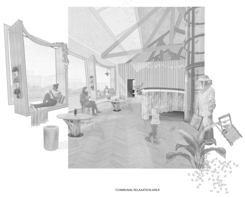 Perspective collage of a communal relaxation area in a culinary facility.