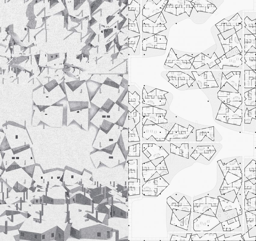 Two plan views of residential neighbourhoods in different black and white styles