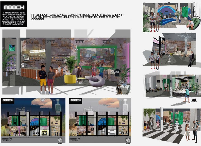 Board showing multiple perspective renders and sections of a centre dedicated to cycling's interior with descriptive text