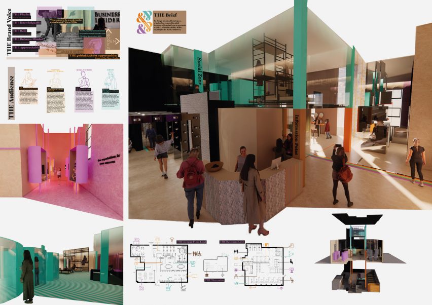 Board showing multiple architectural drawings and perspective renders of an educational space's interior with descriptive text