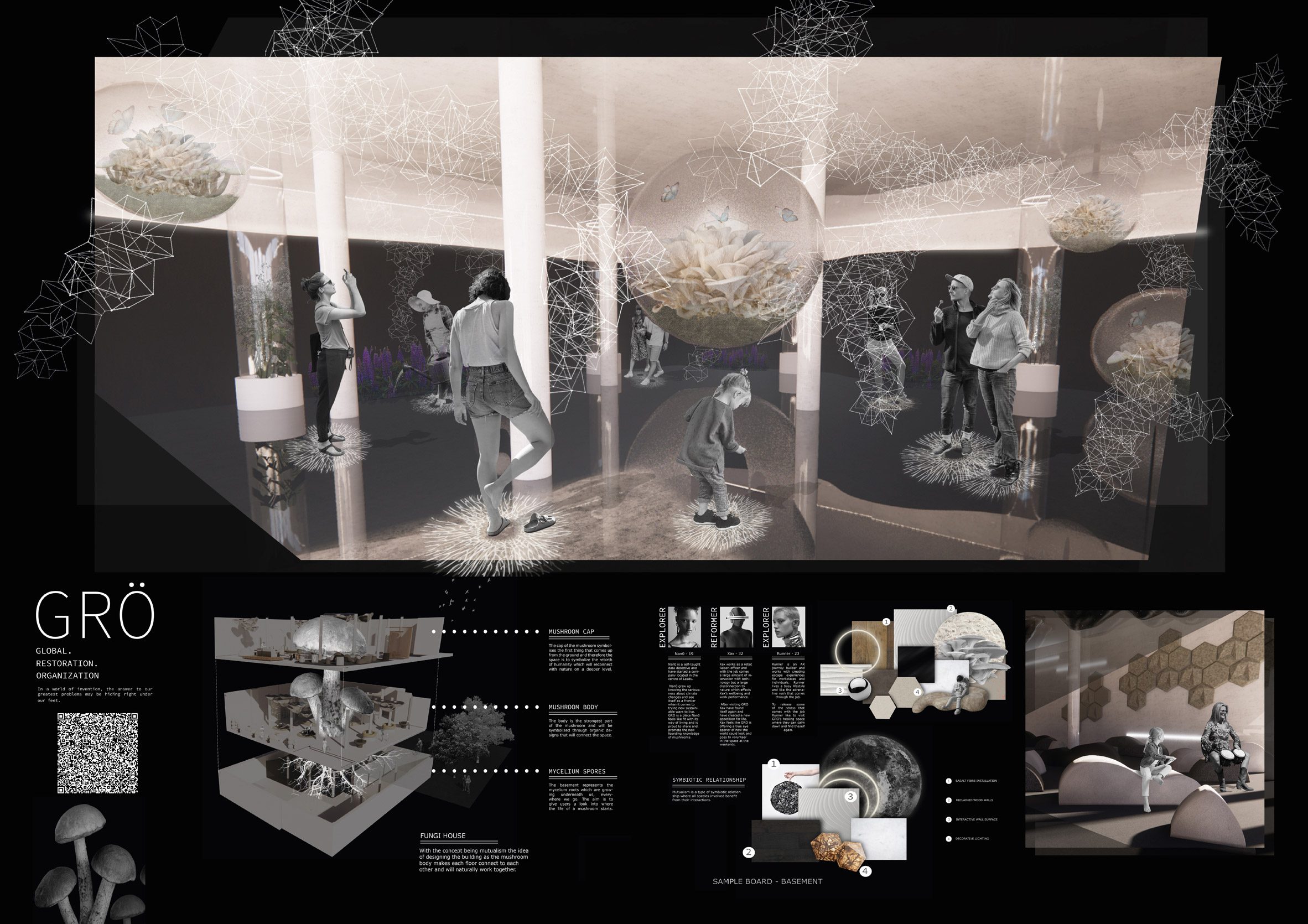 Board showing multiple architectural drawings and perspective renders of a learning centre dedicated to fungi with descriptive text
