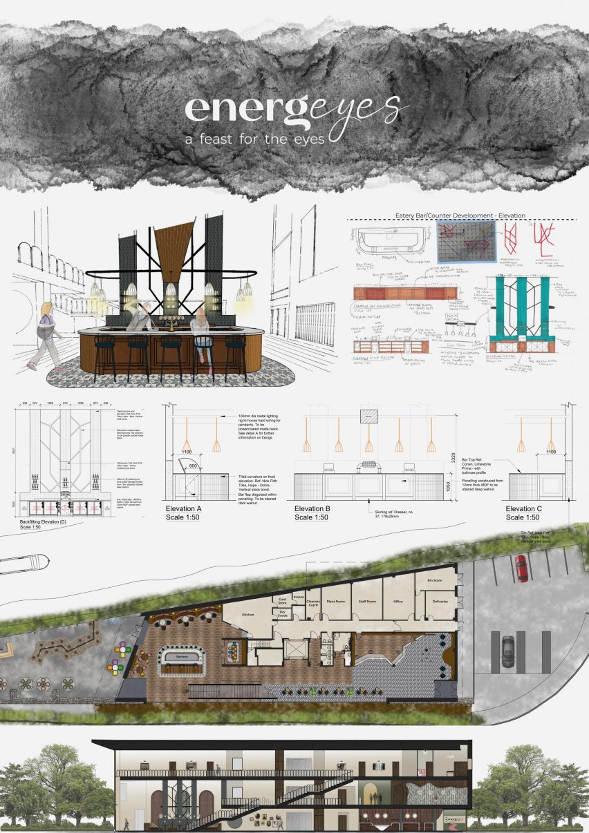Board showing multiple architectural drawings and perspective renders of a digital detox retreat interior with descriptive text