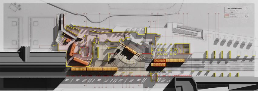 3D plan drawing of an intervention of the Brunel and Bristol Temple Meads Station in Bristol, England