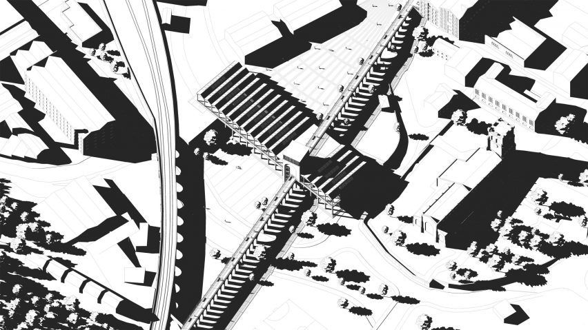 Black and white architectural drawing of an urban infrastructure in Halifax, England