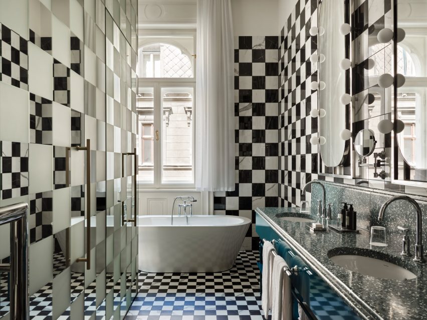 The bathrooms in W Budapest reference a chessboard