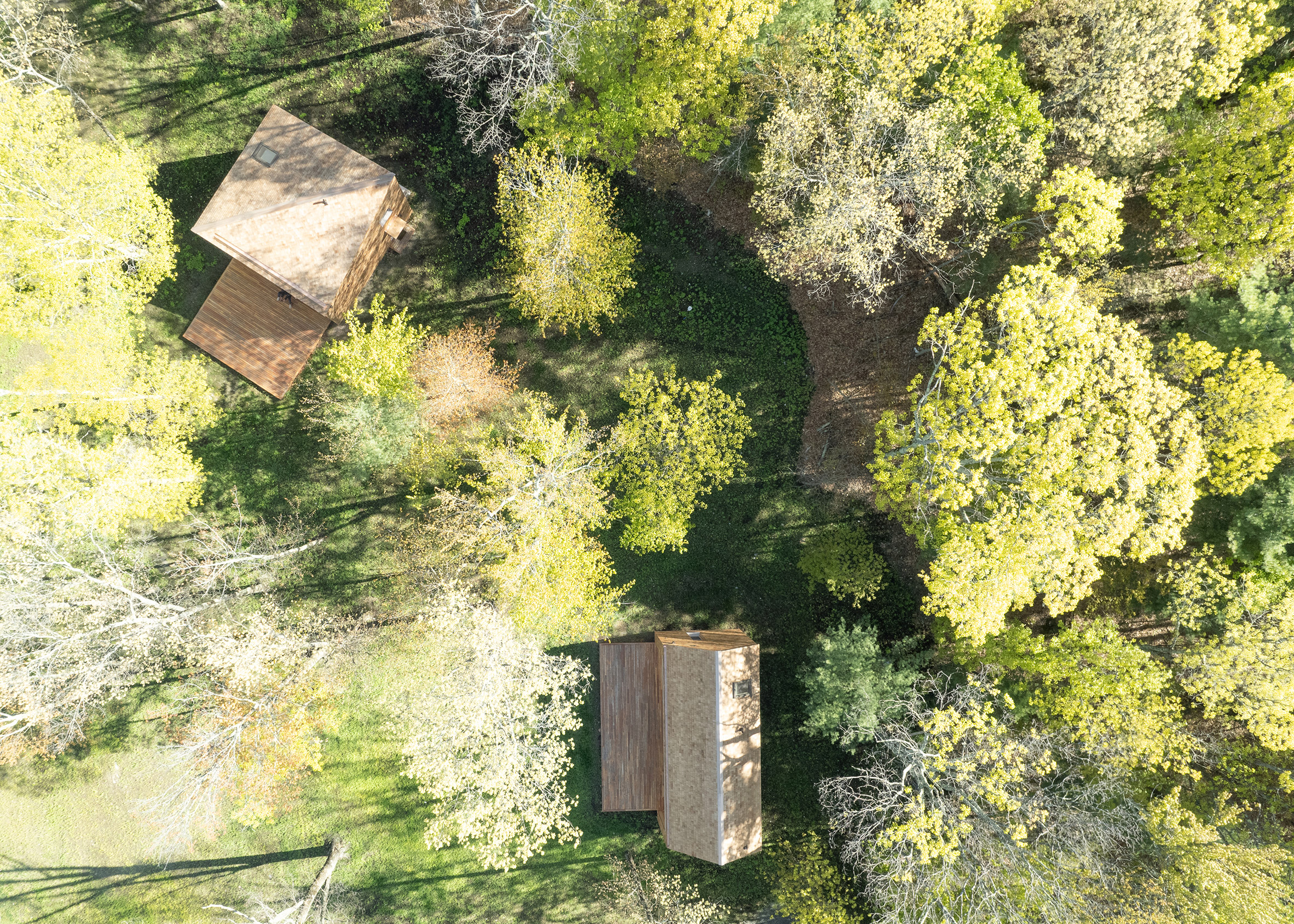 Bird's eye view of two cabins in a forest