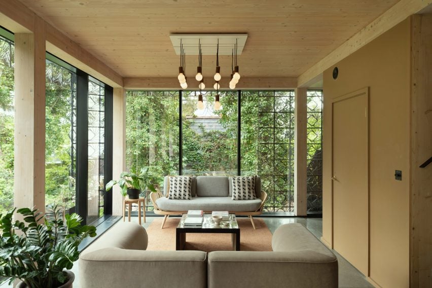 Wood-lined living room