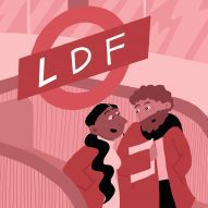 P،to of people using the Underground with LDF sign