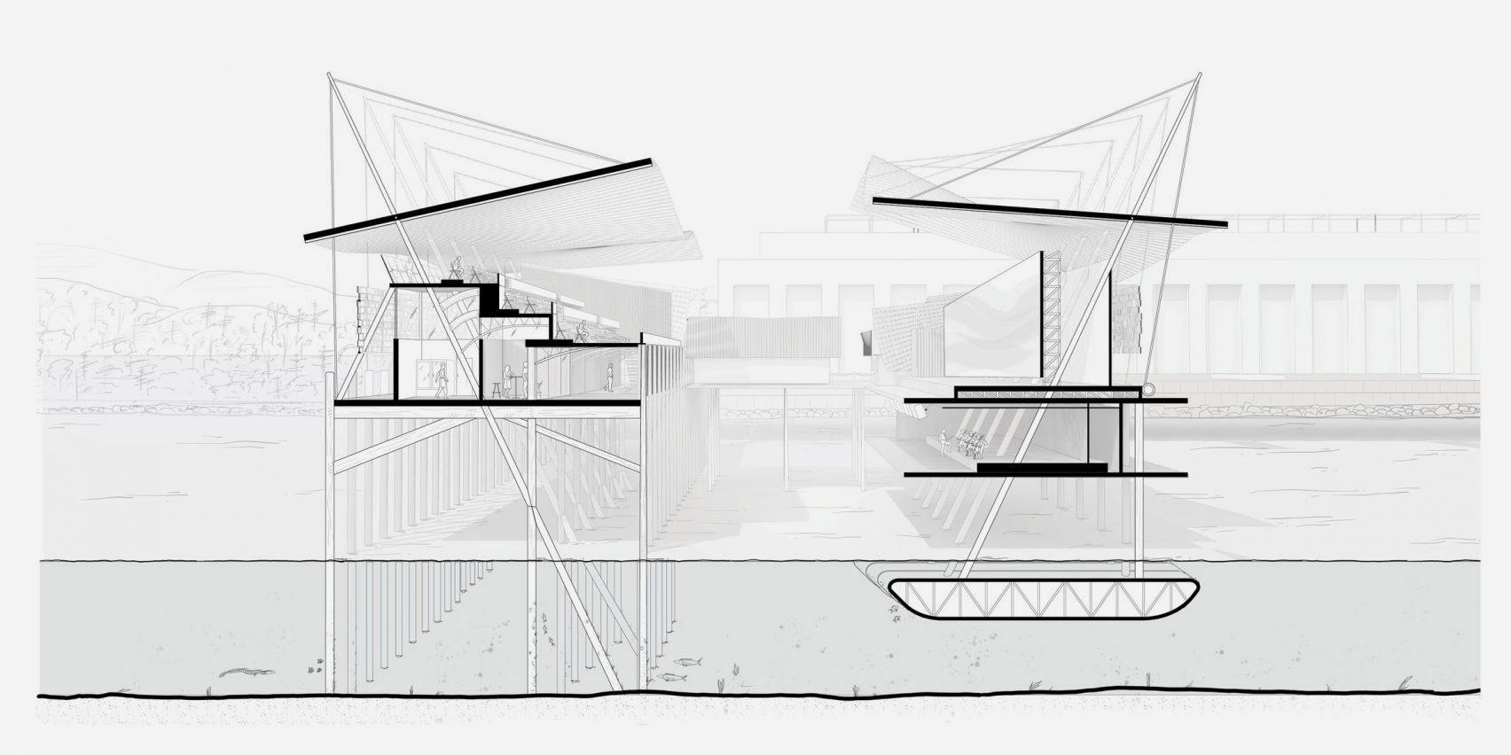 Sectional visualisation showing pier-like theatre 