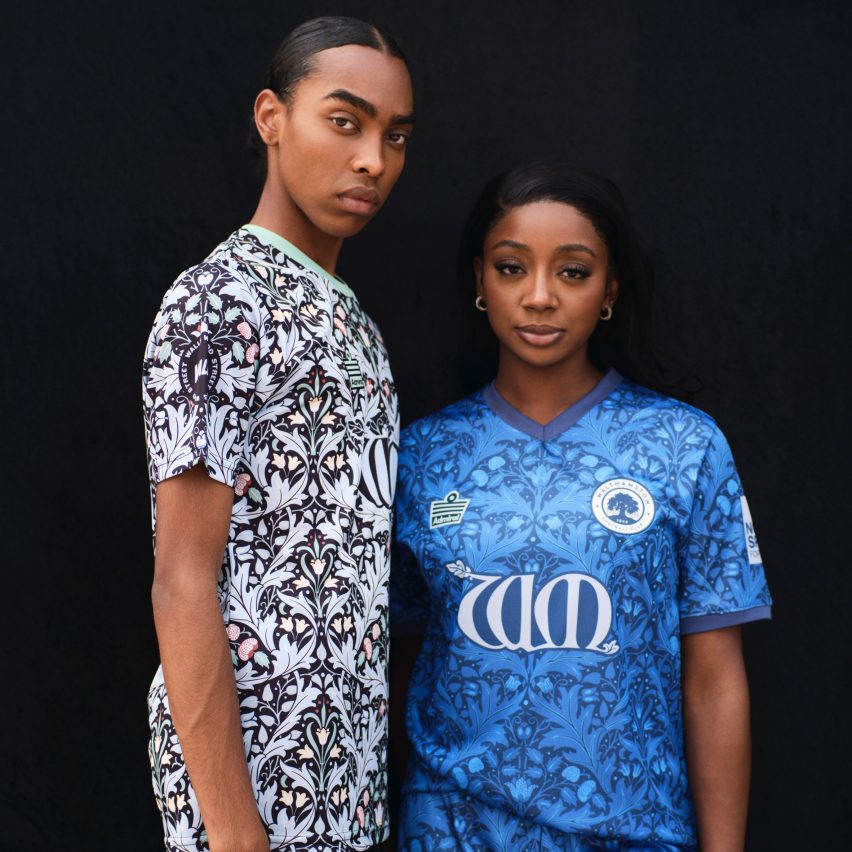 Models wearing football t-shirts with Morris & Co design named Yare