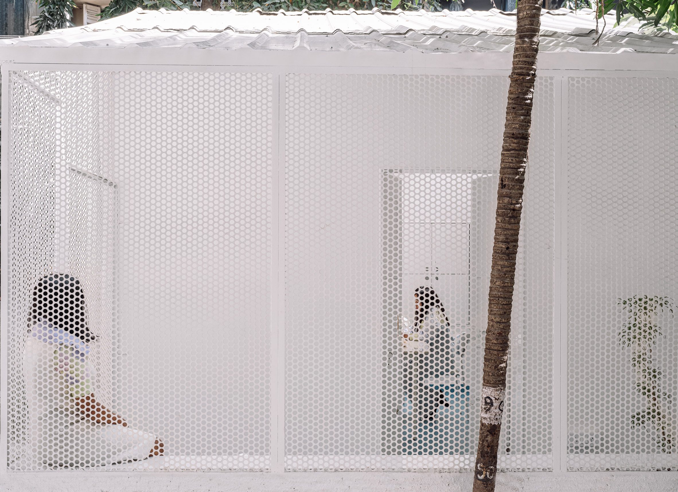 Perforated metal screen wall with courtyard behind