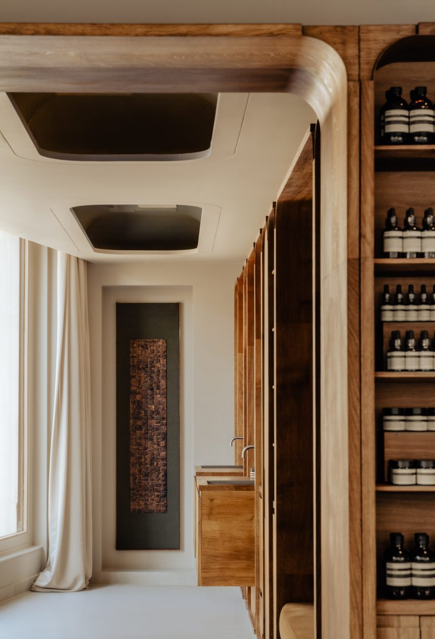 Wooden sinks within Aesop store