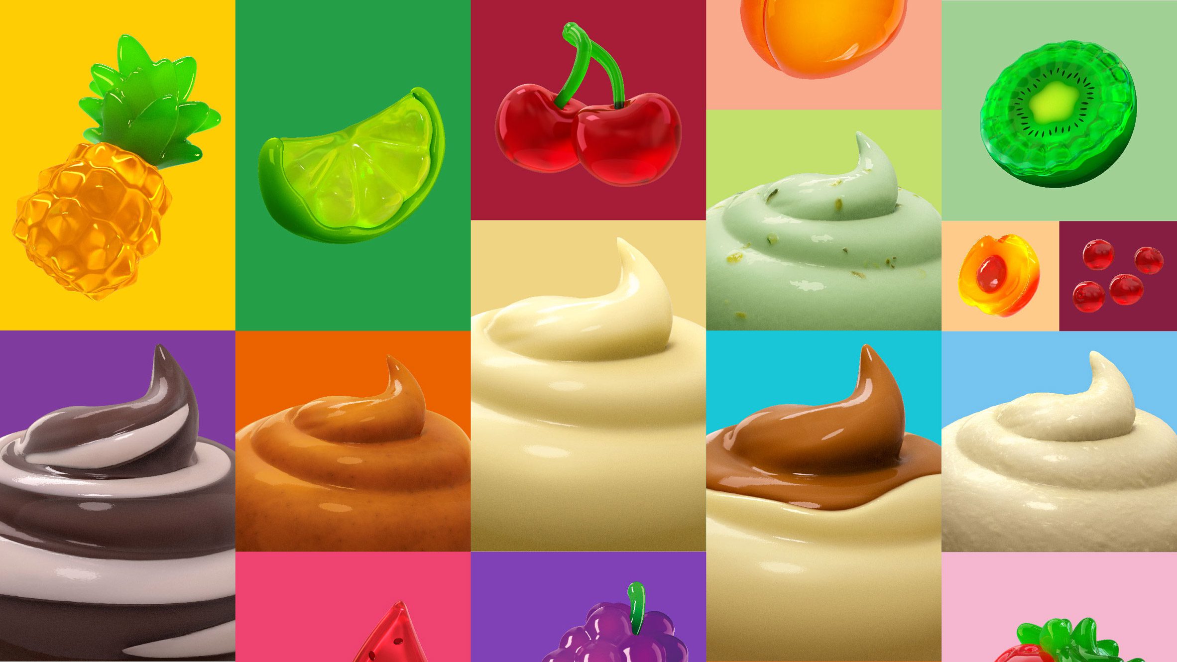 3D renders of jelly fruits and pudding swirls