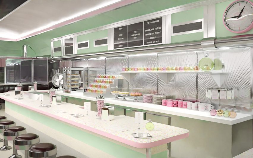 A diner covered in light pink and greens