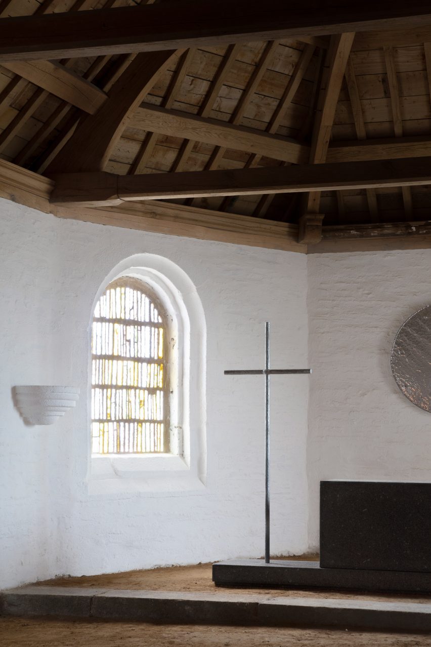Steel cross inside Chappelle Saint-Michel de Brasparts chapel