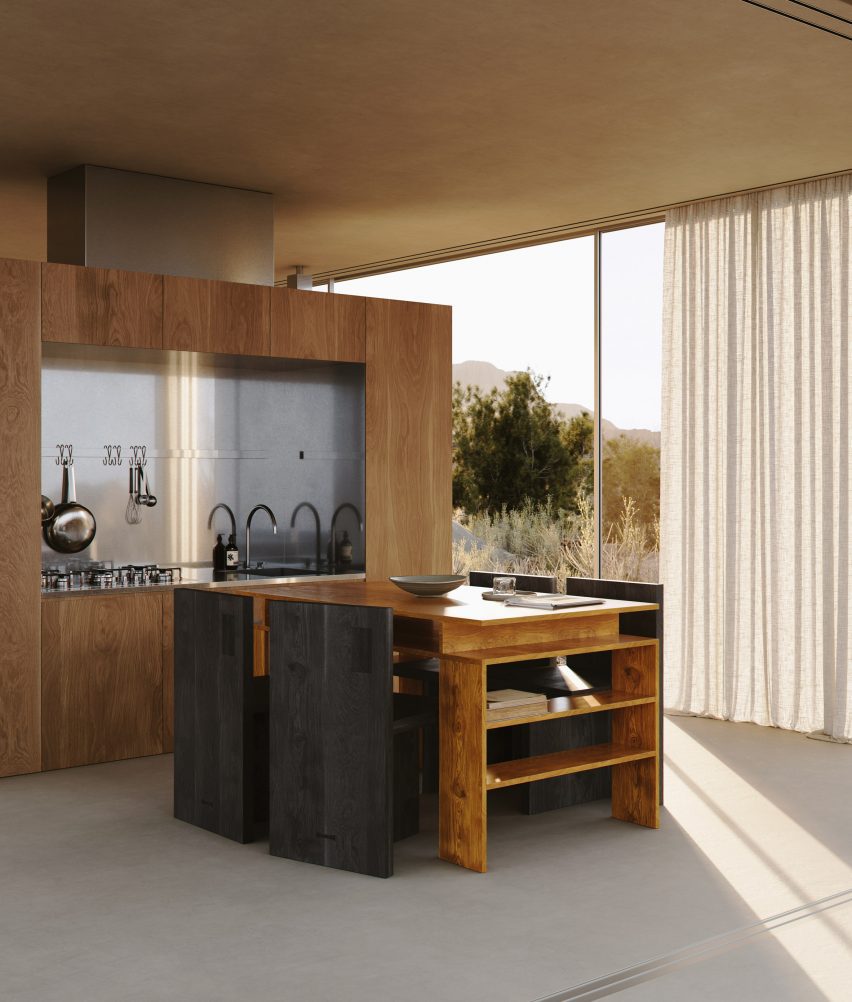Kitchen interior with wood kitchen units and floor-to-ceiling windows with sheer curtains