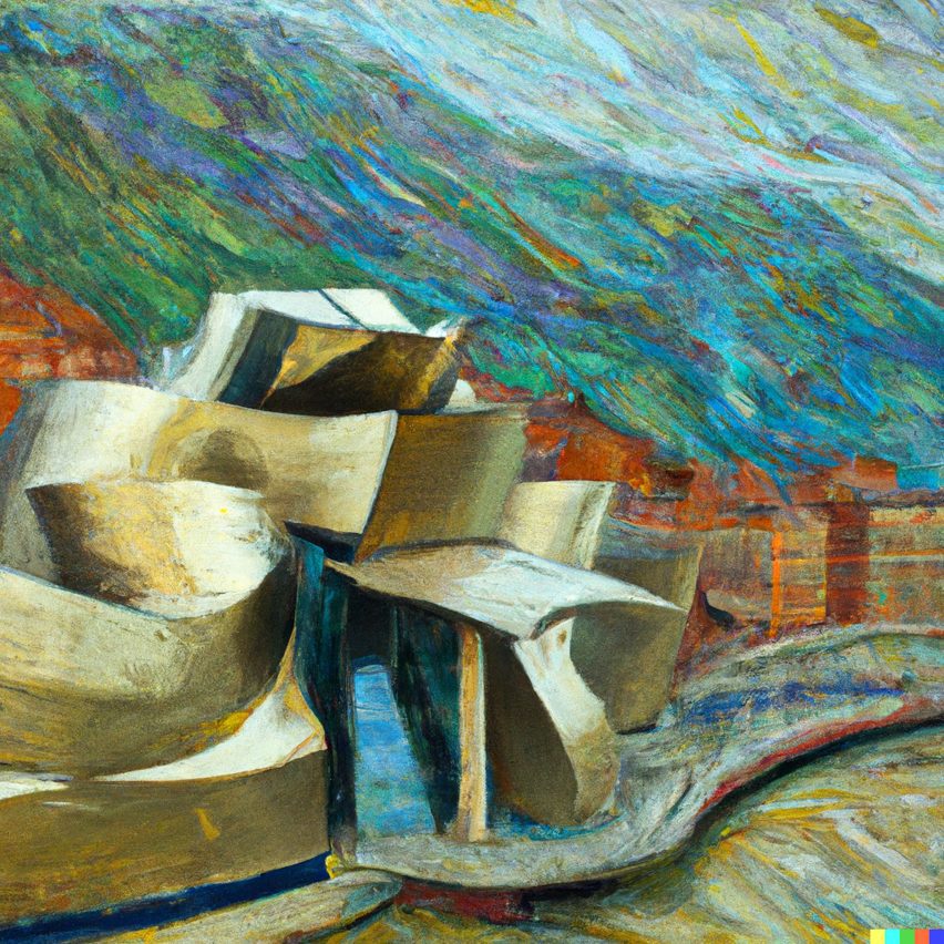 DALL-E 2 image of Gehry's Guggenheim Museum in the style of Van Gogh