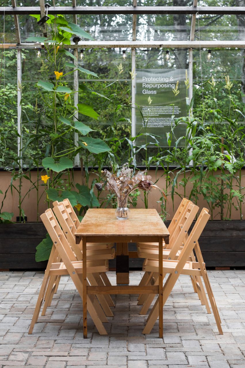 Tables and chairs in the greenhouse