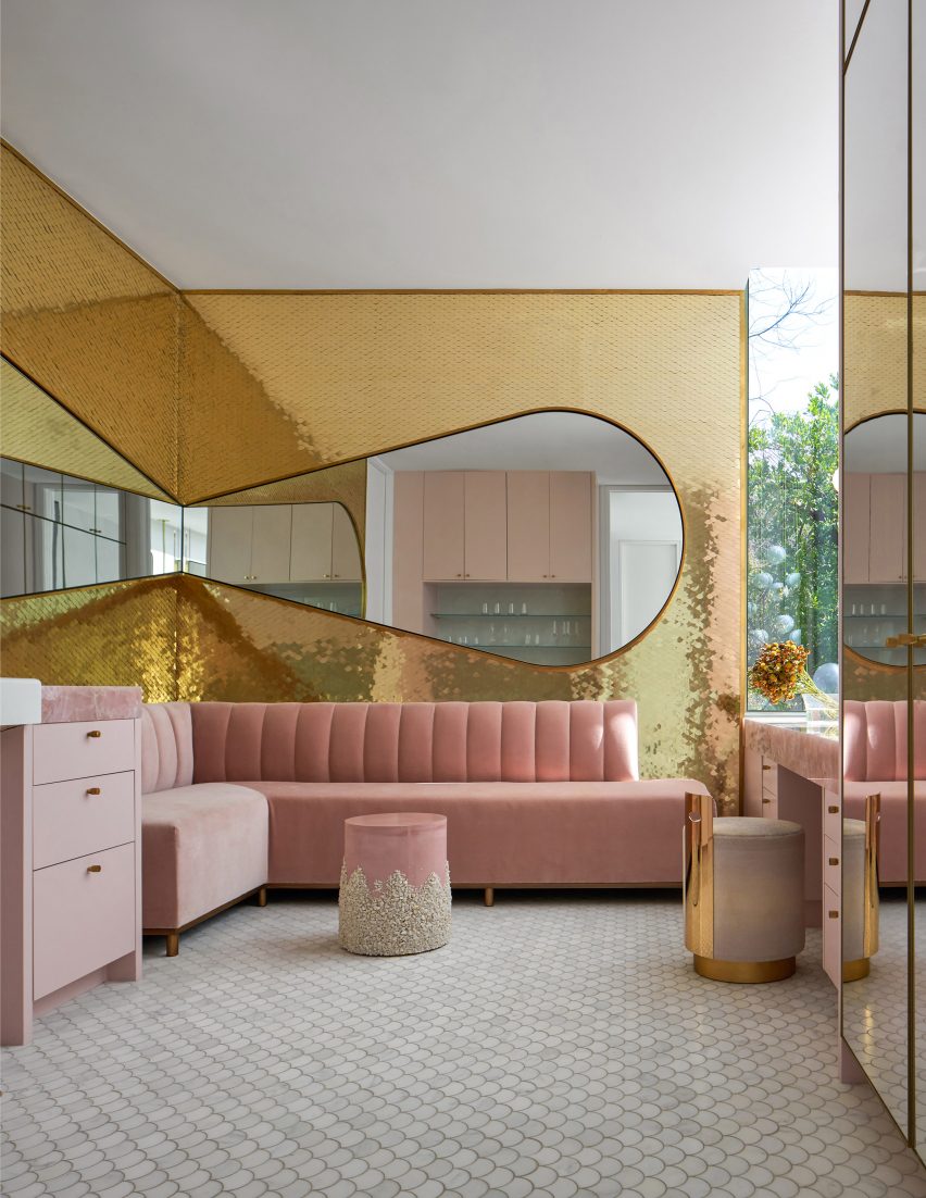 "Glam room" with pale pink furnishings