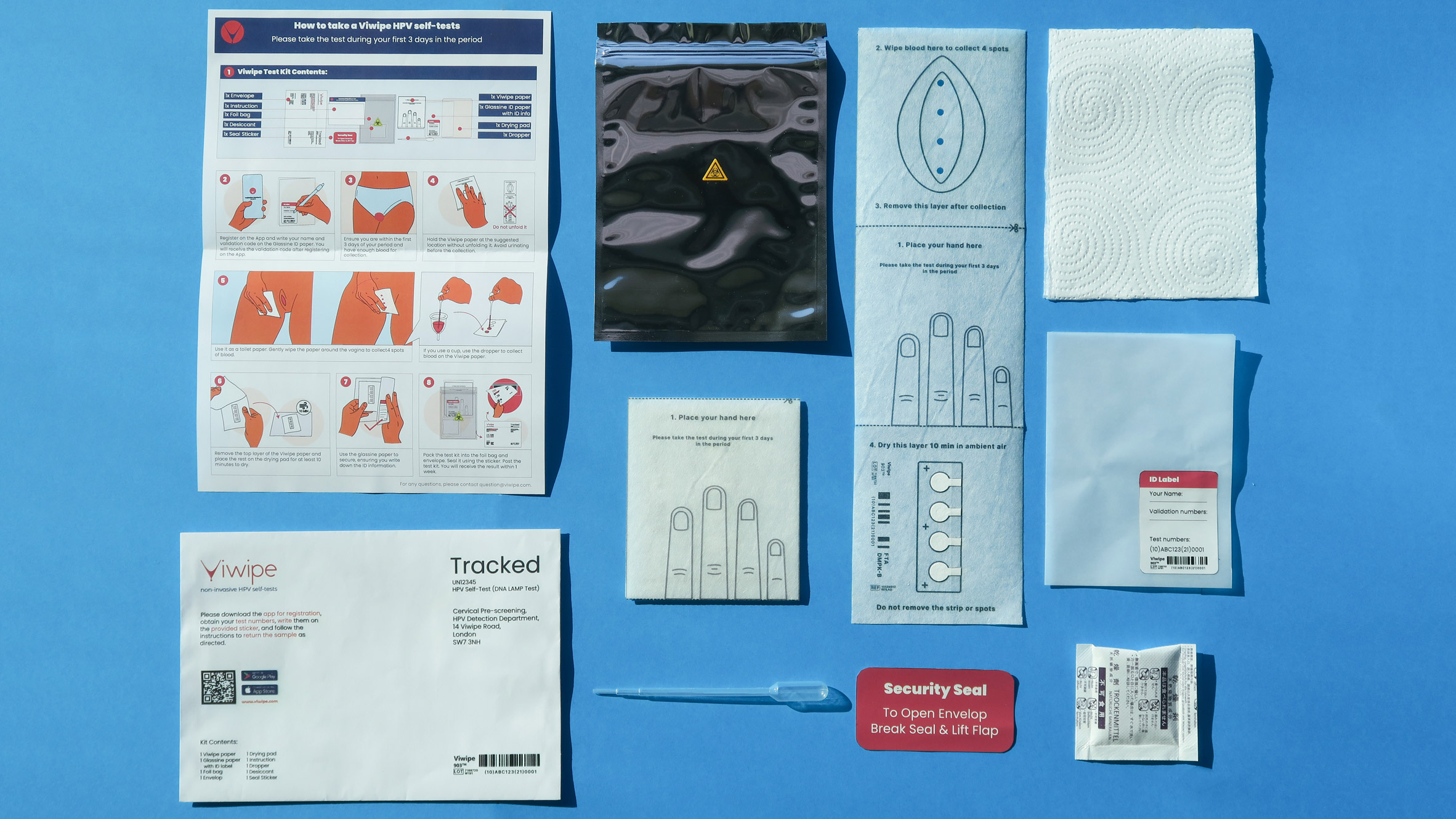 Flat lay of test kit components on blue backdrop