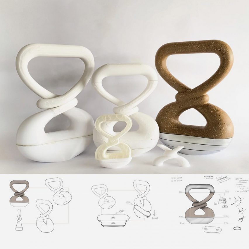 Model and sketches of a multi-use exercise kettlebell that can be used as home decoration